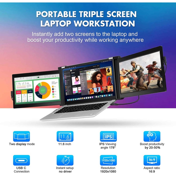 MONITOR EXTERNO PORTATIL DE TRIPLE PANTALLA USB C MONITOR COMPATIBLE CON PC HD 1080P IPS DE 10 A 14,6 PULGADAS. PANTALLA DE 11,6 PULGADAS - Imagen 2